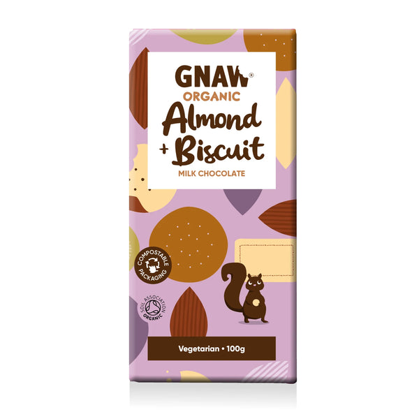 Almond + Biscuit Organic Milk Chocolate Bar, Vegetarian, Gnaw