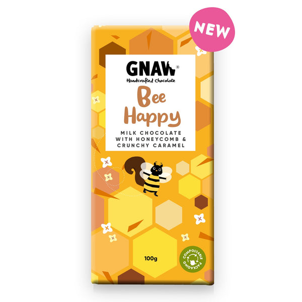 Bee Happy Milk Chocolate with Honeycomb & Crunchy Caramel Bar, Gnaw