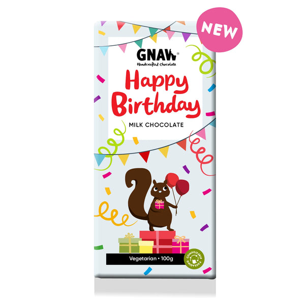 New Happy Birthday Milk Chocolate Bar, Vegetarian, Gnaw
